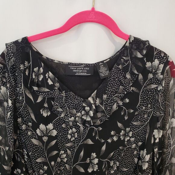 Dark Floral Beaded Silk Top 16W Ruffle neck Bell Sleeve Whimsigoth Fairy Grunge - Picture 2 of 10